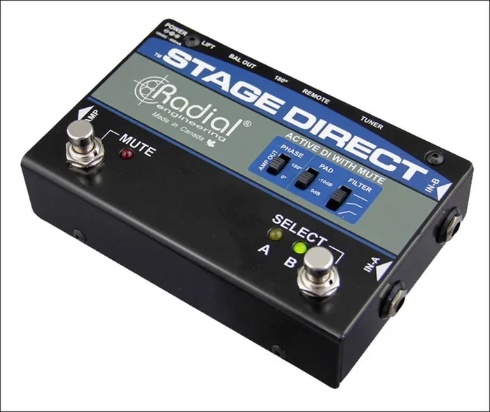 Active DI w/ mute footswitch for silent tuning on stage, 48V Phantom