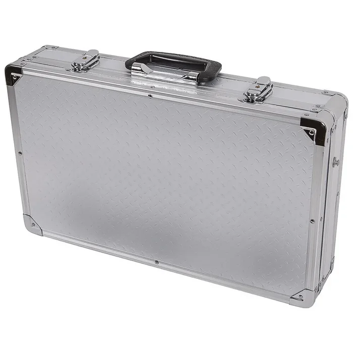 Aria Small Effects Pedal Case – Silver Finish, PVC, Aluminium Edges, Metal Corners, 475 x 270 x 80mm, 2 kg, Includes Strap & Keys