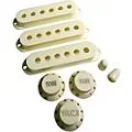AxLabs Set Of Single Coil Pickup Covers In Modern Spacing (52/50/48), Two Switch Tips, And Three Knobs (Gold Lettering) Vintage White