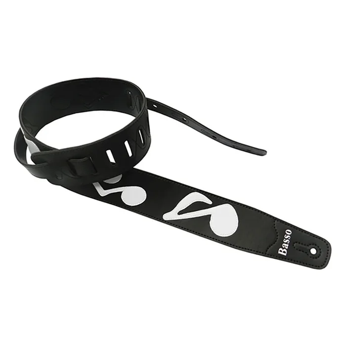 Basso Synthetic Guitar Strap with Stitched Musical Notes, Black, Adjustable 100-150cm Length, 6cm Width, Sweat-Absorbent Design