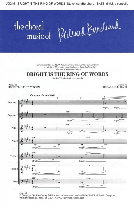Bright Is The Ring Of Words SSAATTBB A Cappella Book