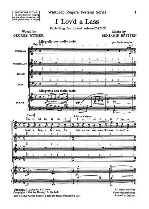 Britten – I Lovd A Lass SATB/Piano (Octavo) Book