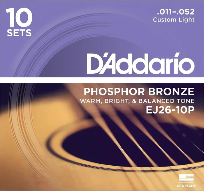 D’Addario EJ26-10P Phosphor Bronze Acoustic Guitar Strings, Custom Light, 11-52, 10 Sets