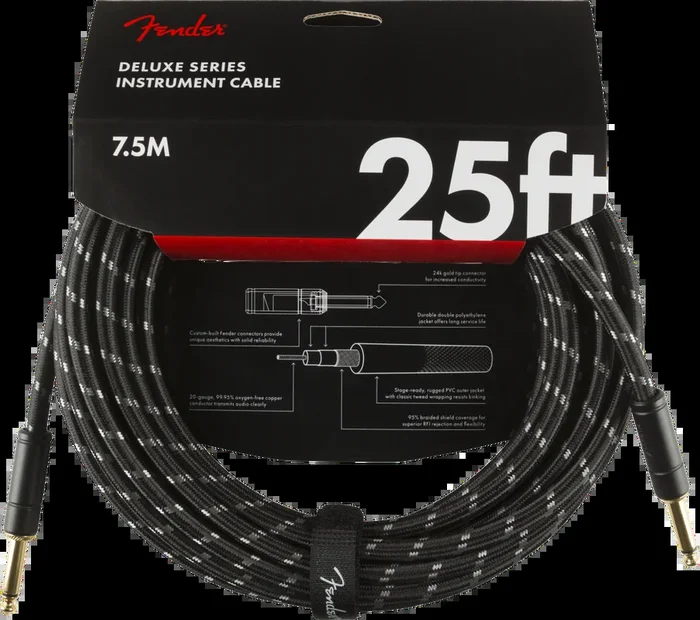 Deluxe Series Instrument Cable, Straight/Straight, 25′, Black Tweed