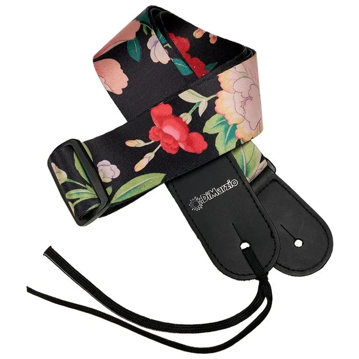 DiMARZIO Botanical pattern over a black background. Steve Vai Botanical 2 inch nylon guitar strap.