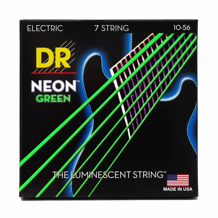 DR Hi-Def Neon Green Electric Guitar Strings, 7-String Medium 10-56, Color Coated, Hexagonal Core, Silver-Plated Steel Wrap