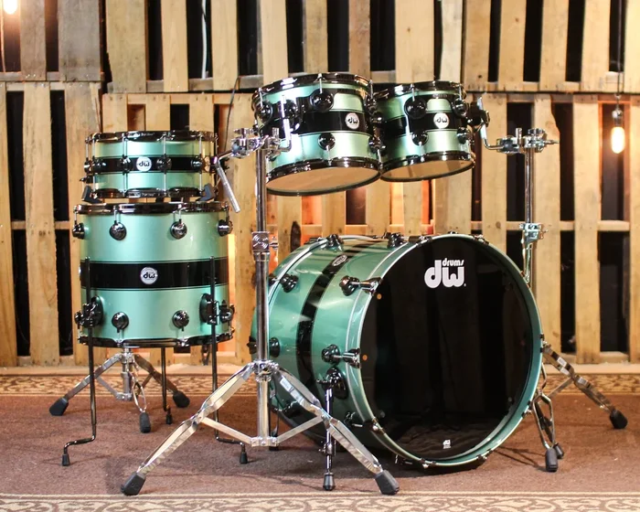 DW Collector’s Maple SSC Mint Green Metallic w/ Black Rally Stripe Drum Set – 22,10,12,16,14sn – SO#1414933