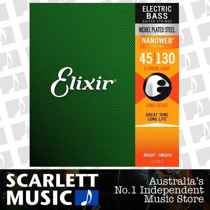 Elixir 14202 Nanoweb 5-String Electric Bass Guitar Strings-Light Gauge 45-130