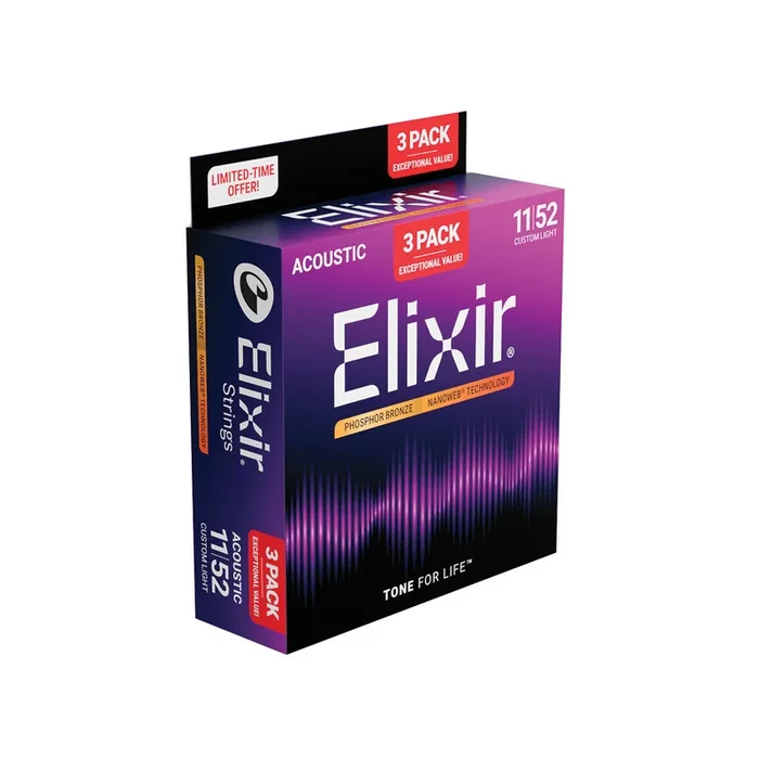 Elixir Phos Bronze 11-52 Coated Acoustic Guitar Strings 3 Pack
