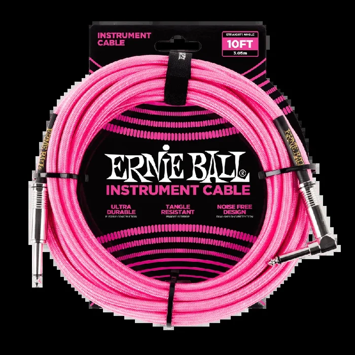 Ernie Ball 3 Meters Braided Straight / Angle Instrument Cable, Neon Pink