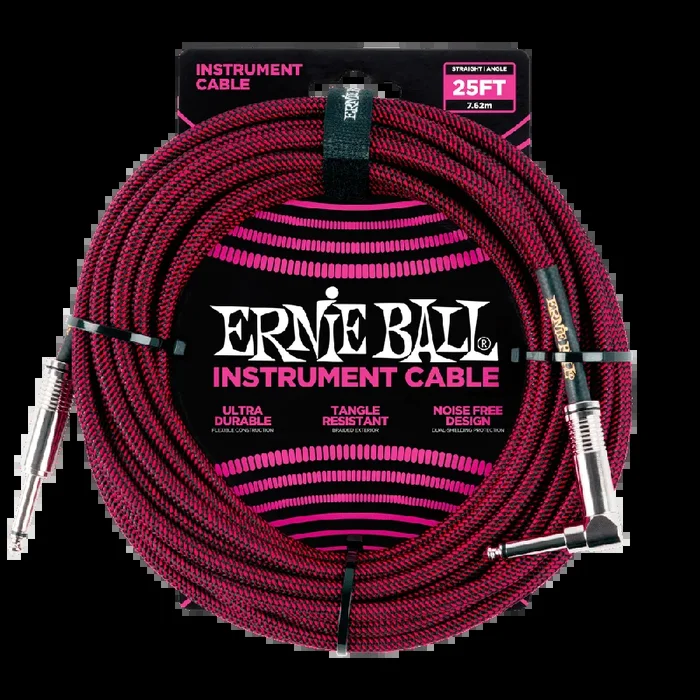 Ernie Ball 7.5 Meter Braided Straight / Angle Instrument Cable, Black / Red