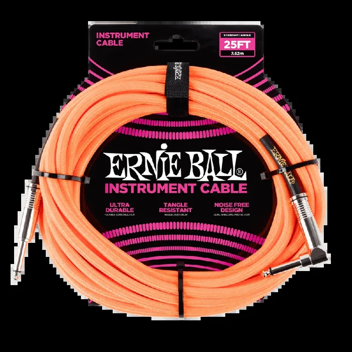 Ernie Ball 7.5 Meter Braided Straight / Angle Instrument Cable, Neon Orange
