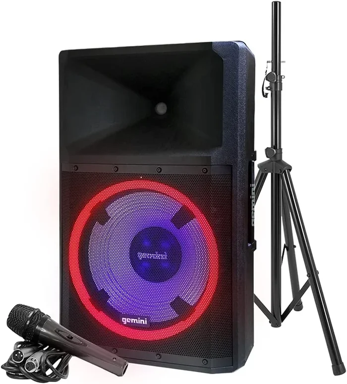 Gemini 2200W 15″ Powered Bluetooth PA Speaker with Lights, Stand & Microphone