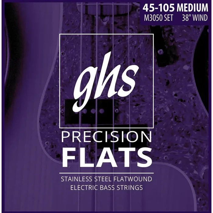 GHS M3050 Precision Flatwound Stainless Steel Medium Gauge Electric Bass Strings, Long Scale Plus