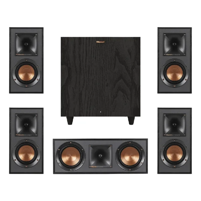 Klipsch Reference Home Theater Speaker Bundle Includes (4) R-41M Bookshelf Speakers, (1) R-52C Center Channel, and (1) R-80SWi 8″ Wireless Subwoofer for Immersive Surround Sound