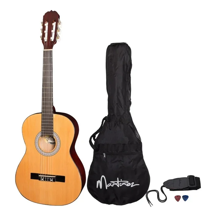 Martinez ‘Slim Jim’ 3/4 Size Beginner Slim Neck Classical Guitar Pack with Built-In Tuner (Natural Gloss)