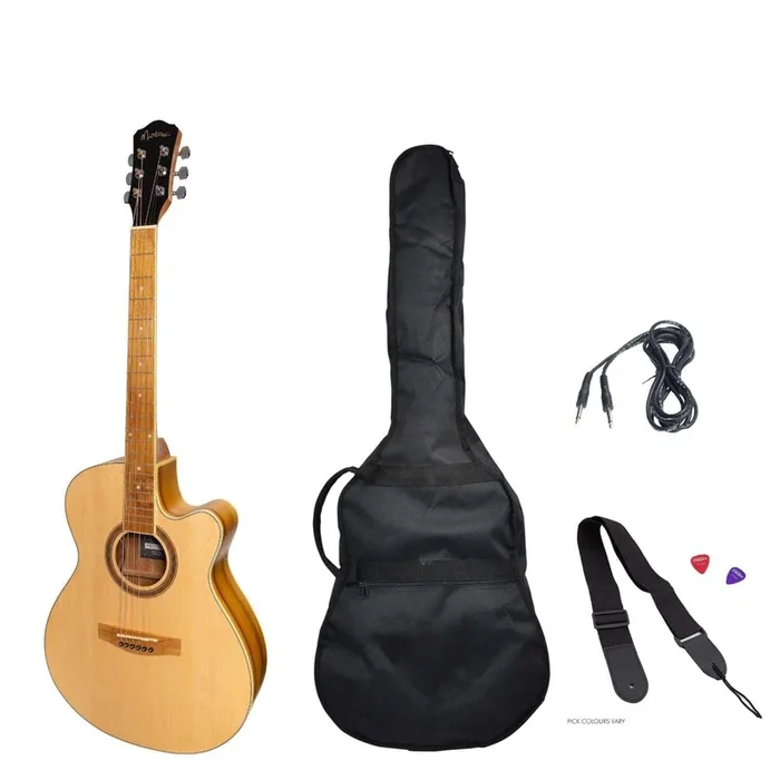 Martinez ’41 Series’ Folk Size Cutaway Acoustic-Electric Guitar Pack (Spruce/Jati-Teakwood)