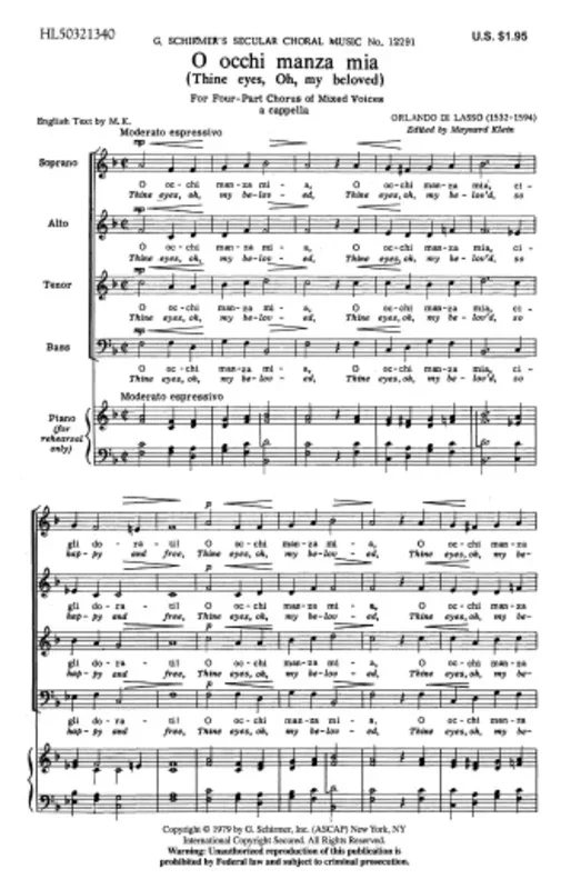 O Occhi Manza Mia Satb A Cappella Octavo