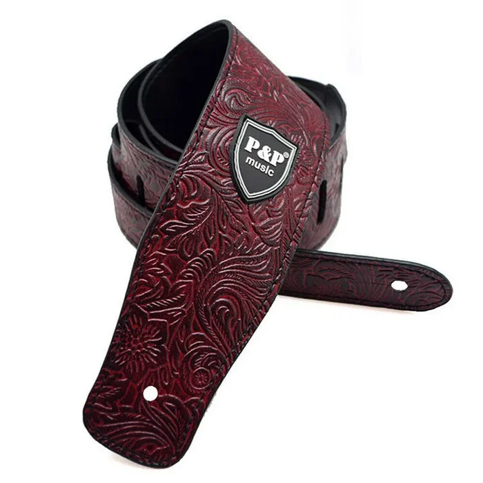 P&P 2.5″ Leather Embossed Guitar Strap Red