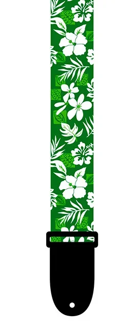 Perris 1.5″ Polyester Ukulele Strap in Green & White Luau design with Leather ends