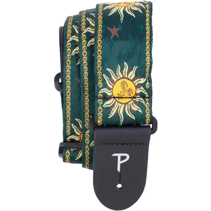 Perris 2″ Jacquard Guitar Strap with “Suns on Emerald Green” Design & Leather ends