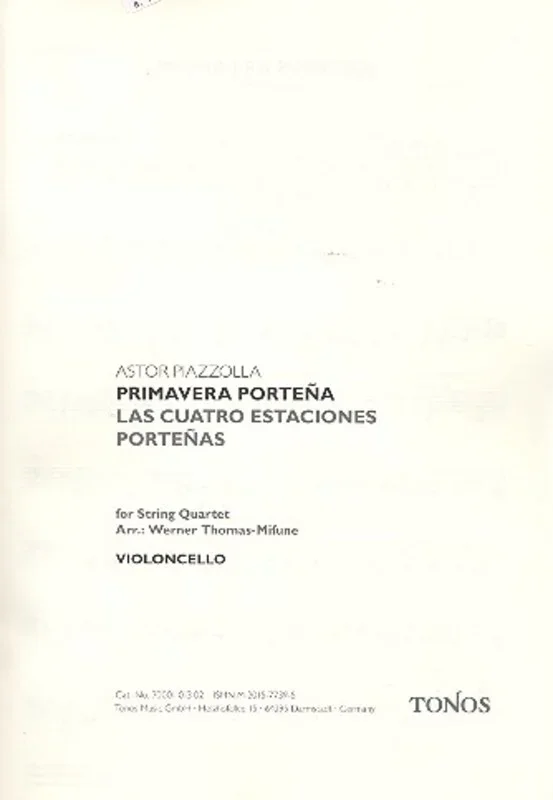 Piazzolla – Primavera Portena For String Quartet Parts