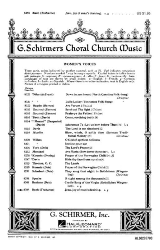 Schirmer – Jesu Joy Of Mans Desiring SSA