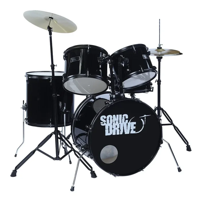 Sonic Drive 5-Piece Rock Drum Kit with 22″ Bass Drum (Black w/ Matte Black Hardware)
