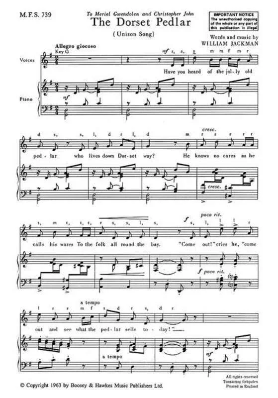 The Dorset Pedlar In G Unison Song (Octavo) Book