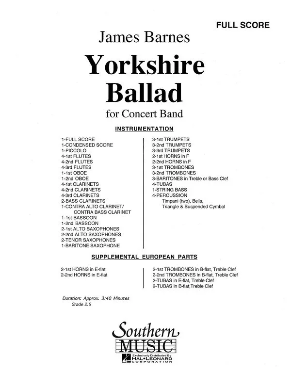 Yorkshire Ballad Concert Band Full Score Only (Music Score)
